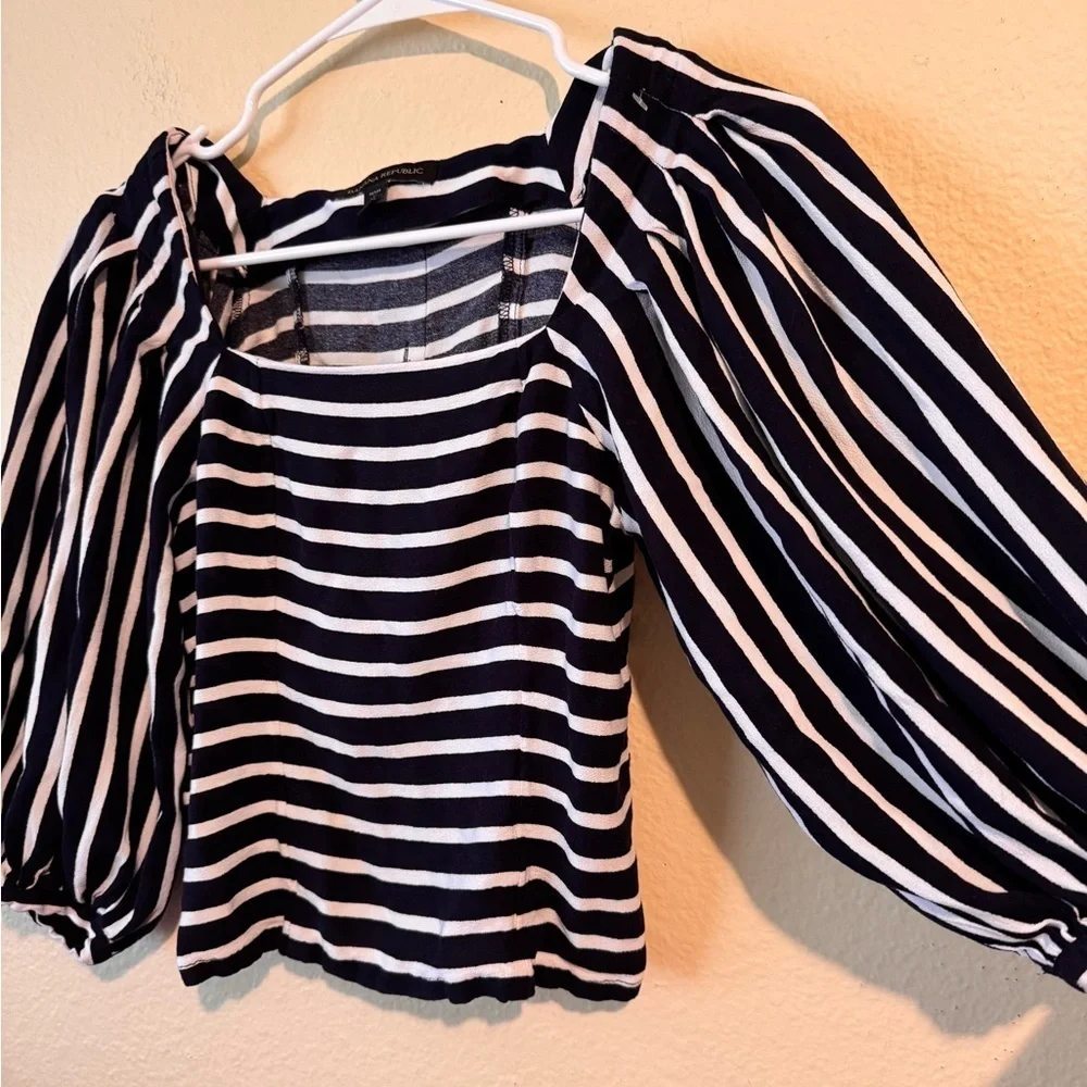 Banana Republic Puff Sleeve Striped Blouse XS Navy White Square Neck